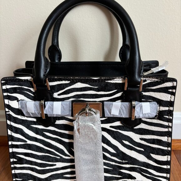Michael Kors Hamilton Small Zebra Print Calf Hair Satchel Bag Black Multi - Picture 1 of 4